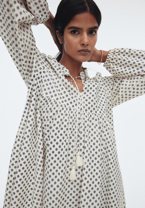H&M - Tie-detail cotton dress - white floral 