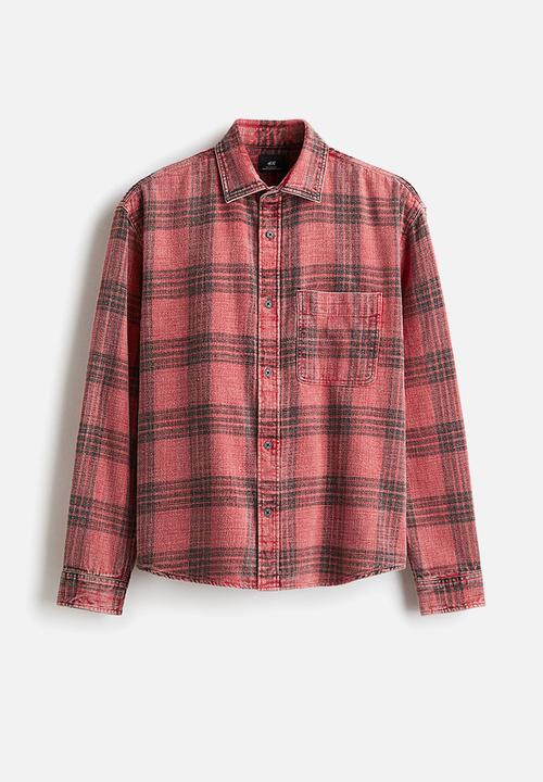 H&M - Loose fit washed flannel shirt - red/checked