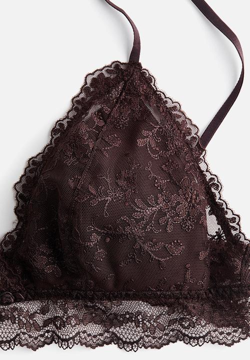 H&M - Padded soft embroidered bra - dark brown
