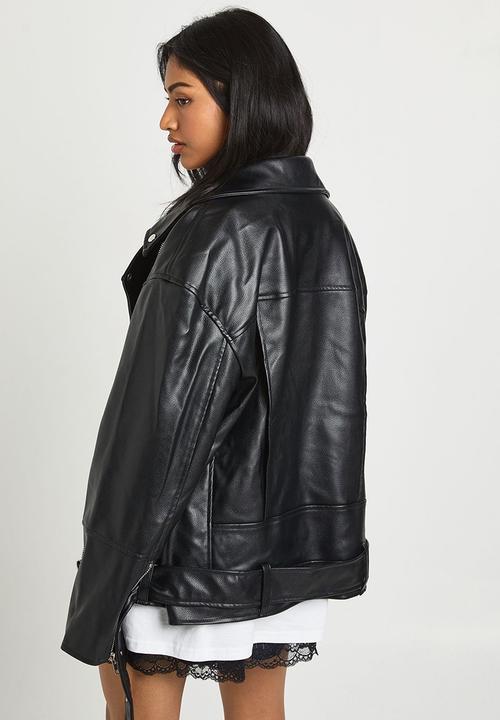 boohoo - Super oversized belted biker jacket - black
