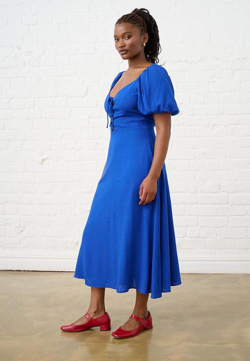 Me&B - Cobalt Linen Blend Dress with Lace Up Detail - Blue