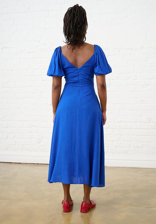 Me&B - Cobalt Linen Blend Dress with Lace Up Detail - Blue