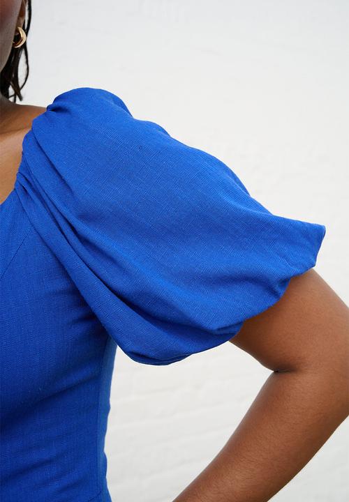 Cobalt Linen Blend Dress with Lace Up Detail - Blue