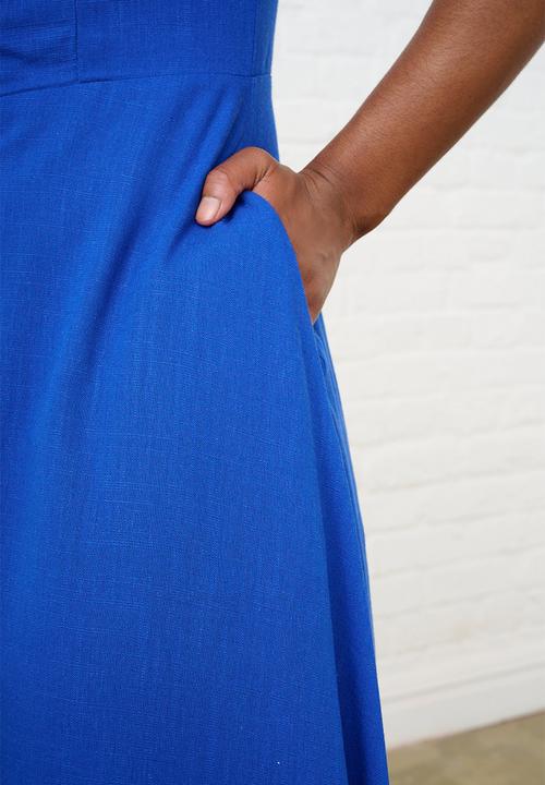 Me&B - Cobalt Linen Blend Dress with Lace Up Detail - Blue