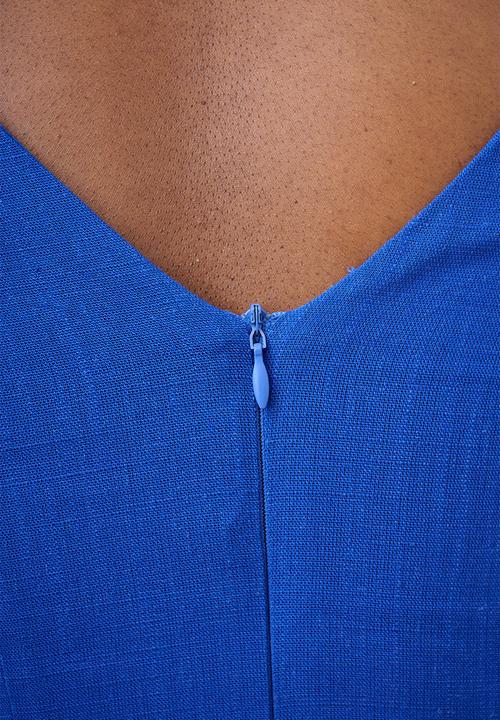Me&B - Cobalt Linen Blend Dress with Lace Up Detail - Blue