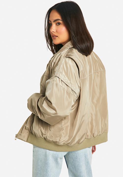 boohoo - Contrast stitch detail oversized bomber jacket - sage
