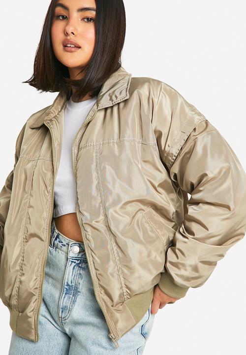 boohoo - Contrast stitch detail oversized bomber jacket - sage