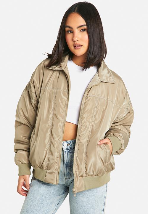 boohoo - Contrast stitch detail oversized bomber jacket - sage