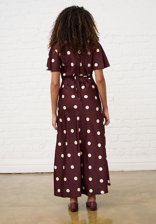 Spot Satin Maxi Dress with Sleeve - Burgundy