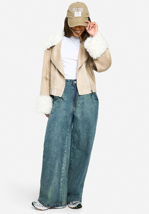 boohoo - Teddy faux fur trim biker jacket - stone