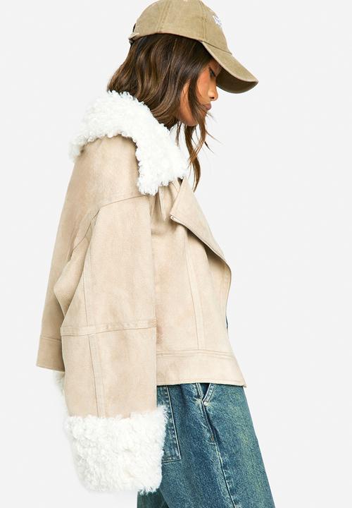 boohoo - Teddy faux fur trim biker jacket - stone
