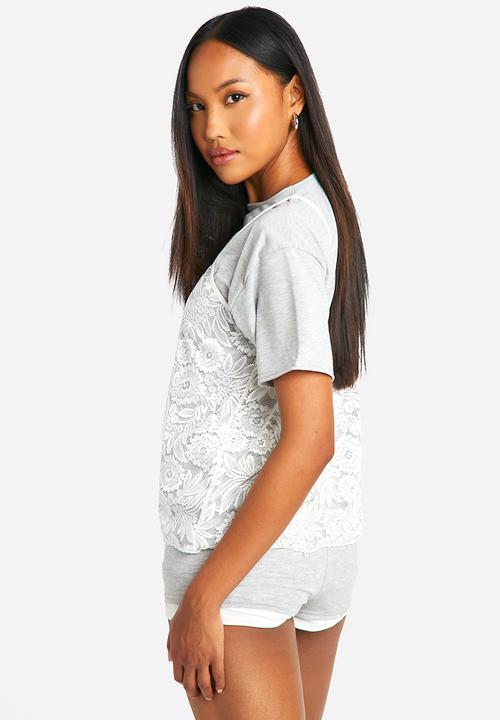 boohoo - Lace layer T-shirt - grey marl