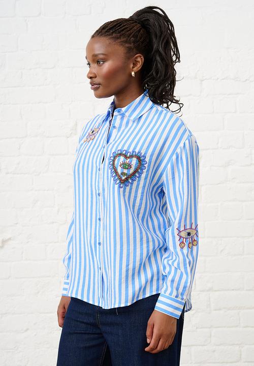 Me&B - Beaded Shirt in Blue Stripe - Blue