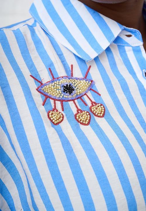 Me&B - Beaded Shirt in Blue Stripe - Blue