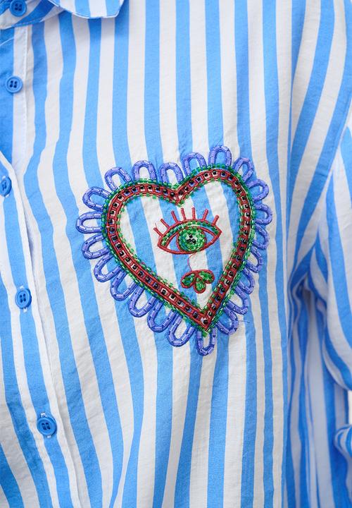 Me&B - Beaded Shirt in Blue Stripe - Blue