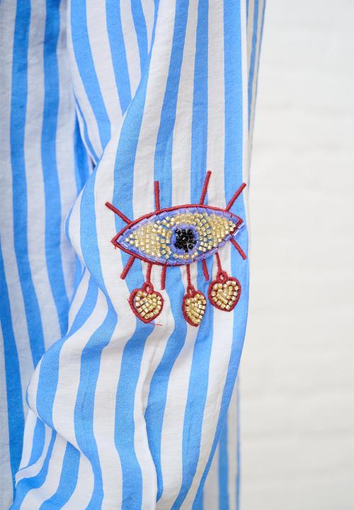 Me&B - Beaded Shirt in Blue Stripe - Blue