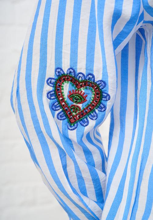 Me&B - Beaded Shirt in Blue Stripe - Blue
