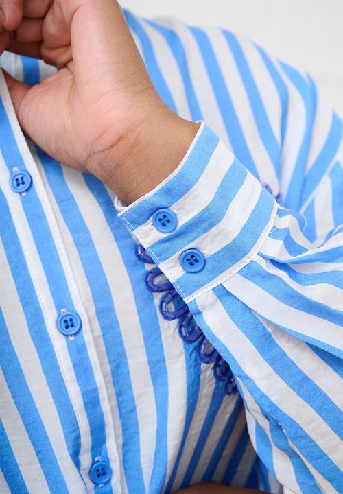 Me&B - Beaded Shirt in Blue Stripe - Blue