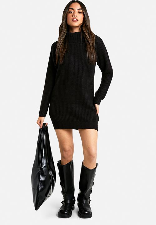 boohoo - Wide rib bardot neckline mini jumper dress - black