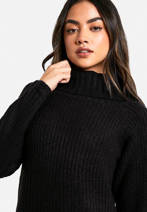 boohoo - Wide rib bardot neckline mini jumper dress - black