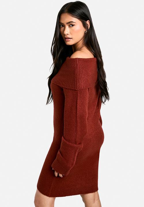 boohoo - Rib bardot neckline mini jumper dress - chocolate