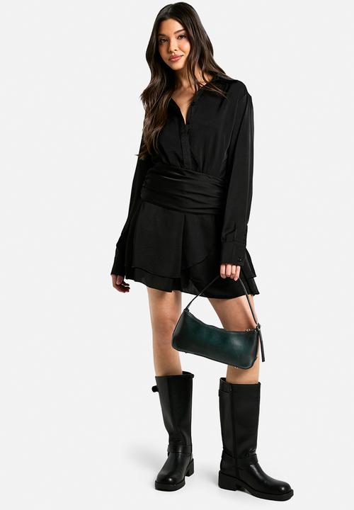 boohoo - Satin ruched shirt dress - black