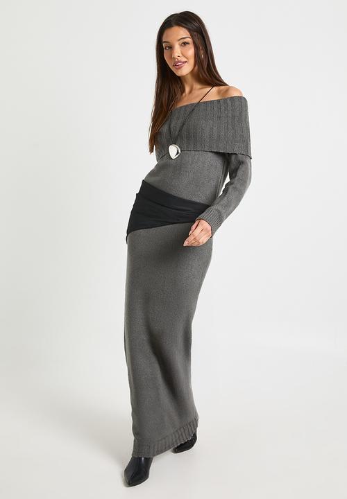boohoo - Premium oversized bardot neckline maxi jumper dress - charcoal