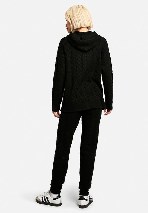 boohoo - Soft cable zip through hoody knitted tracksuit - black