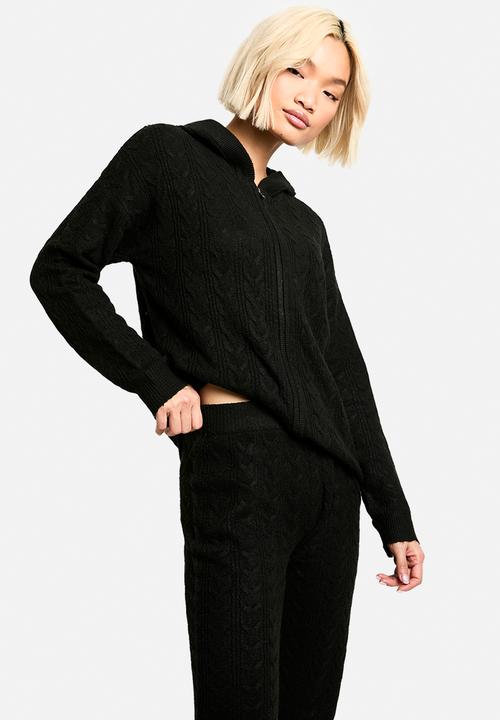 boohoo - Soft cable zip through hoody knitted tracksuit - black