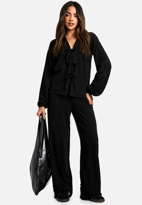 boohoo - Rib tie front blouse and trouser co-ord - black