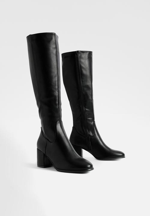 boohoo - Low block basic pull on knee high boots - black