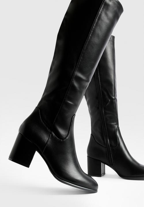 boohoo - Low block basic pull on knee high boots - black