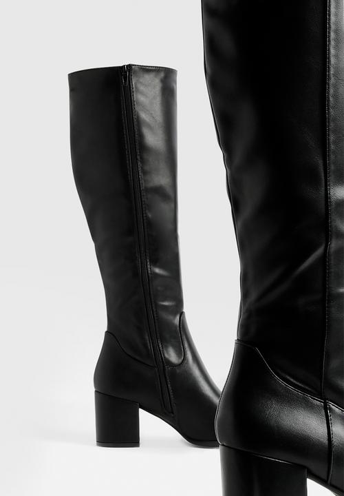 boohoo - Low block basic pull on knee high boots - black