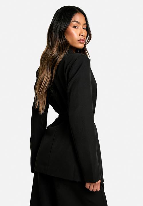 boohoo - Tailored belted woven blazer - black