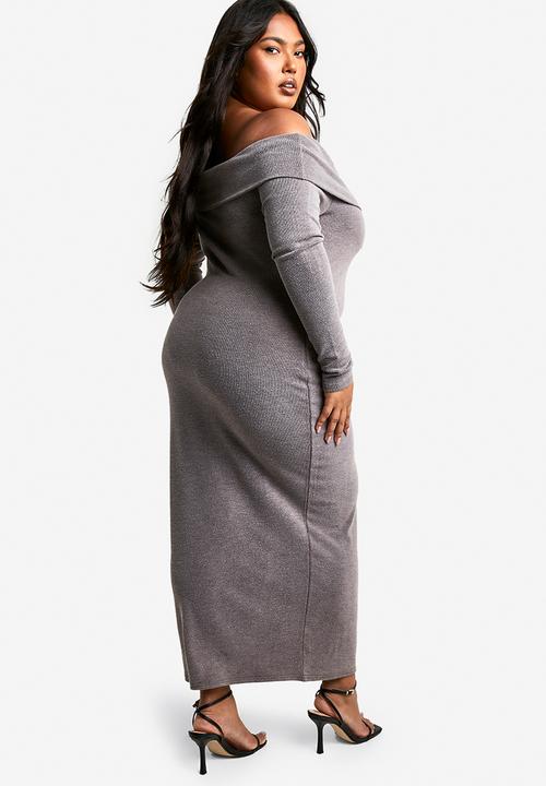 boohoo - Plus two tone off shoulder column midaxi dress - brown
