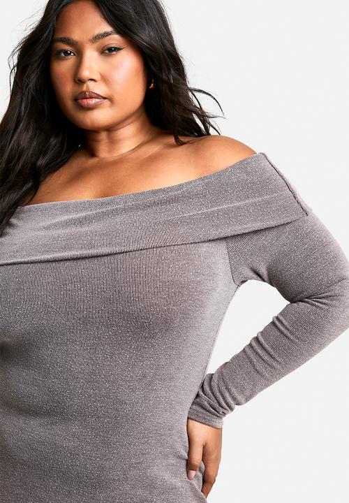 boohoo - Plus two tone off shoulder column midaxi dress - brown