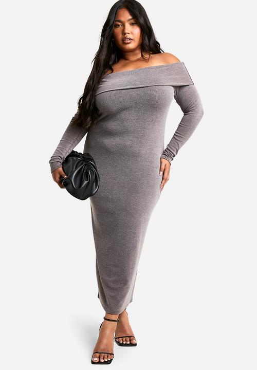 boohoo - Plus two tone off shoulder column midaxi dress - brown