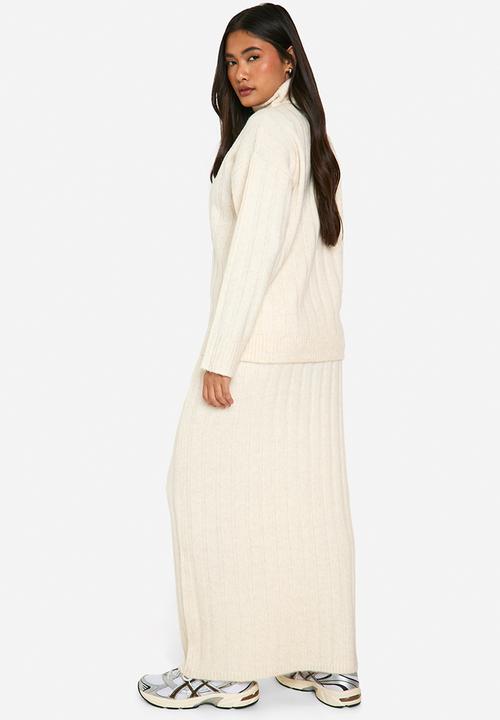 boohoo - Wide soft rib roll neck jumper and maxi skirt co-ord - ecru