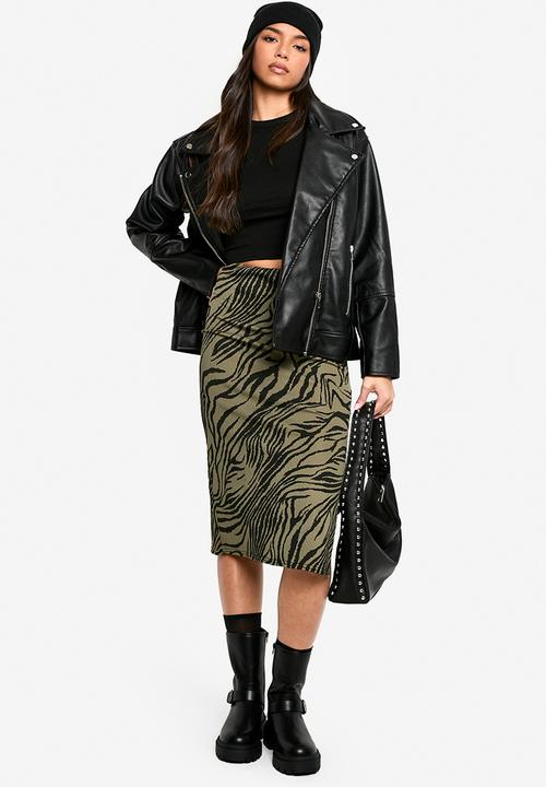 boohoo - Zebra print rib side split midi skirt - khaki