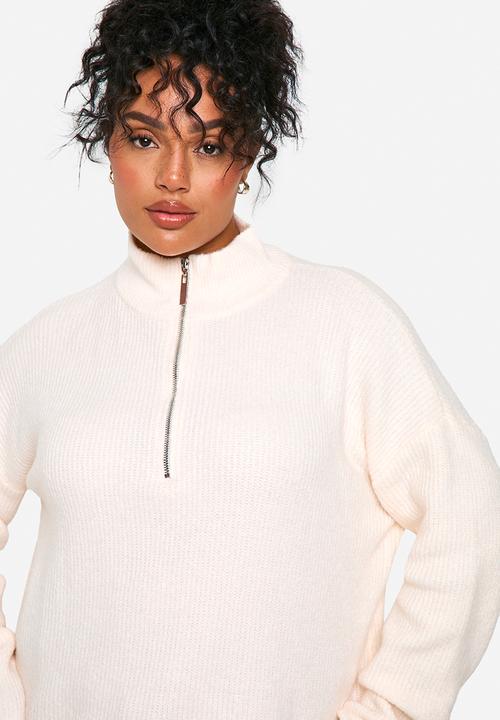boohoo - Plus drawstring zip funnel neck jumper - ecru