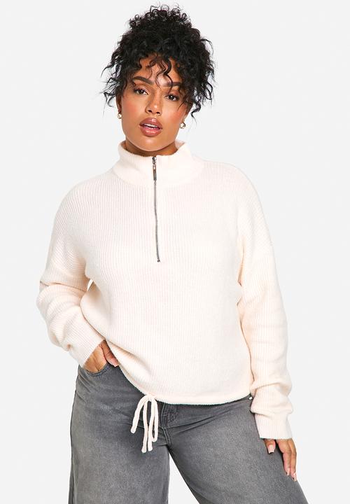 boohoo - Plus drawstring zip funnel neck jumper - ecru