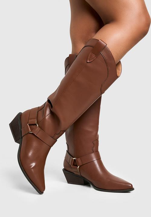 boohoo - Western style harness detail knee high boots - tan
