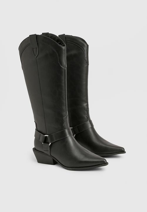 boohoo - Western style harness detail knee high boots - black