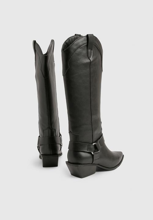 boohoo - Western style harness detail knee high boots - black