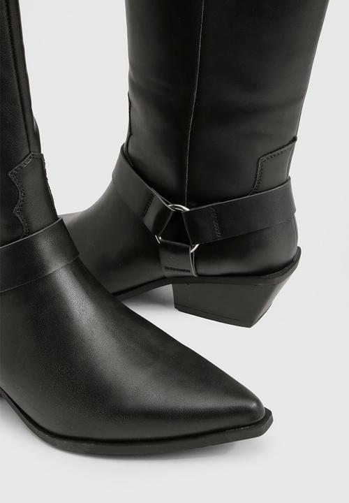 boohoo - Western style harness detail knee high boots - black