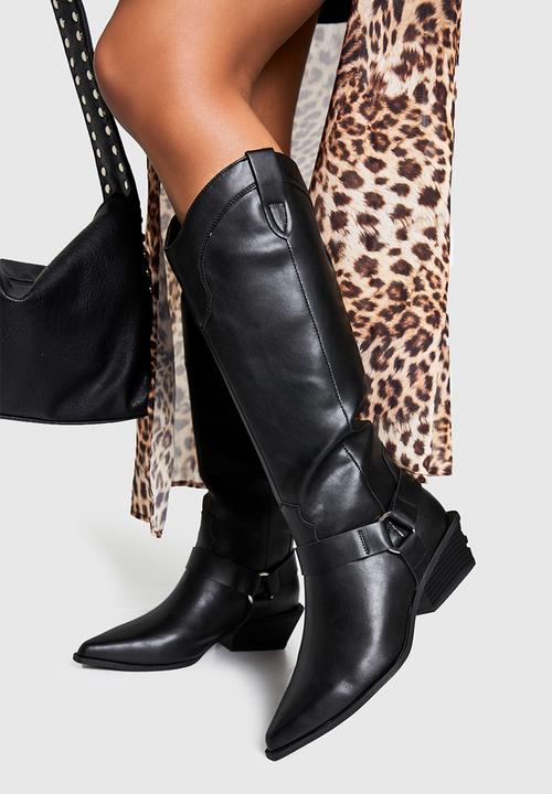 boohoo - Western style harness detail knee high boots - black