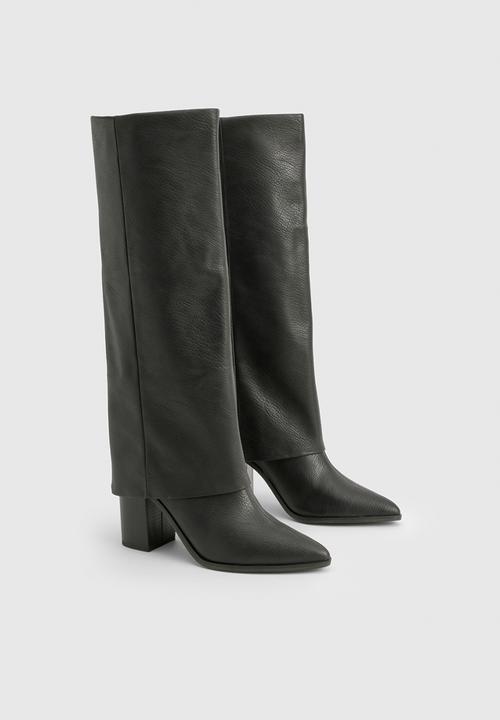 boohoo - Textured foldover stacked heel knee high boots - black