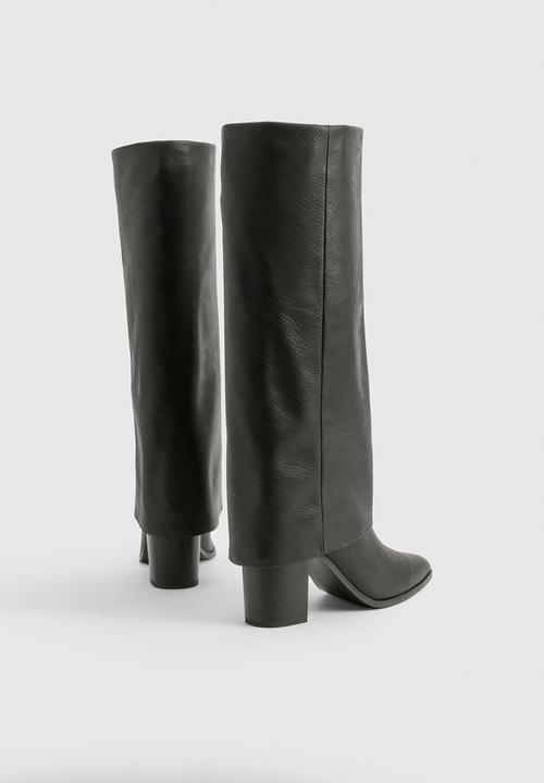 boohoo - Textured foldover stacked heel knee high boots - black