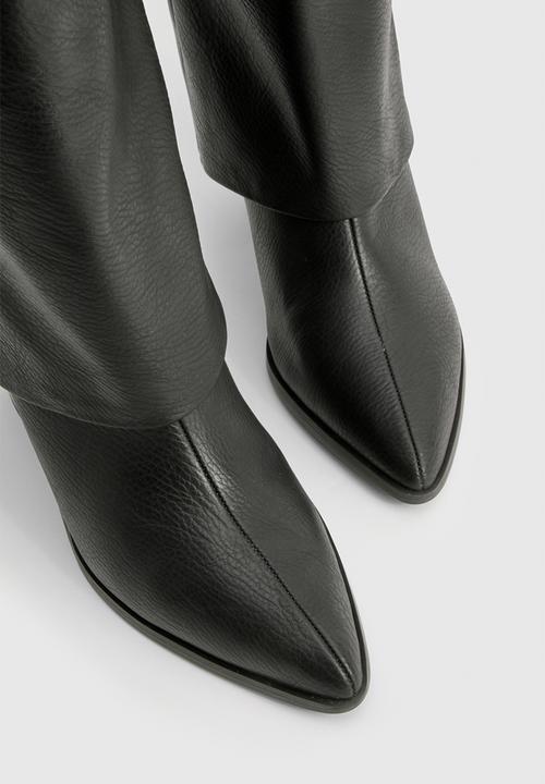 boohoo - Textured foldover stacked heel knee high boots - black