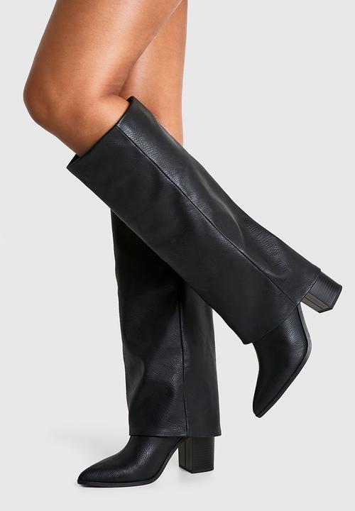 boohoo - Textured foldover stacked heel knee high boots - black